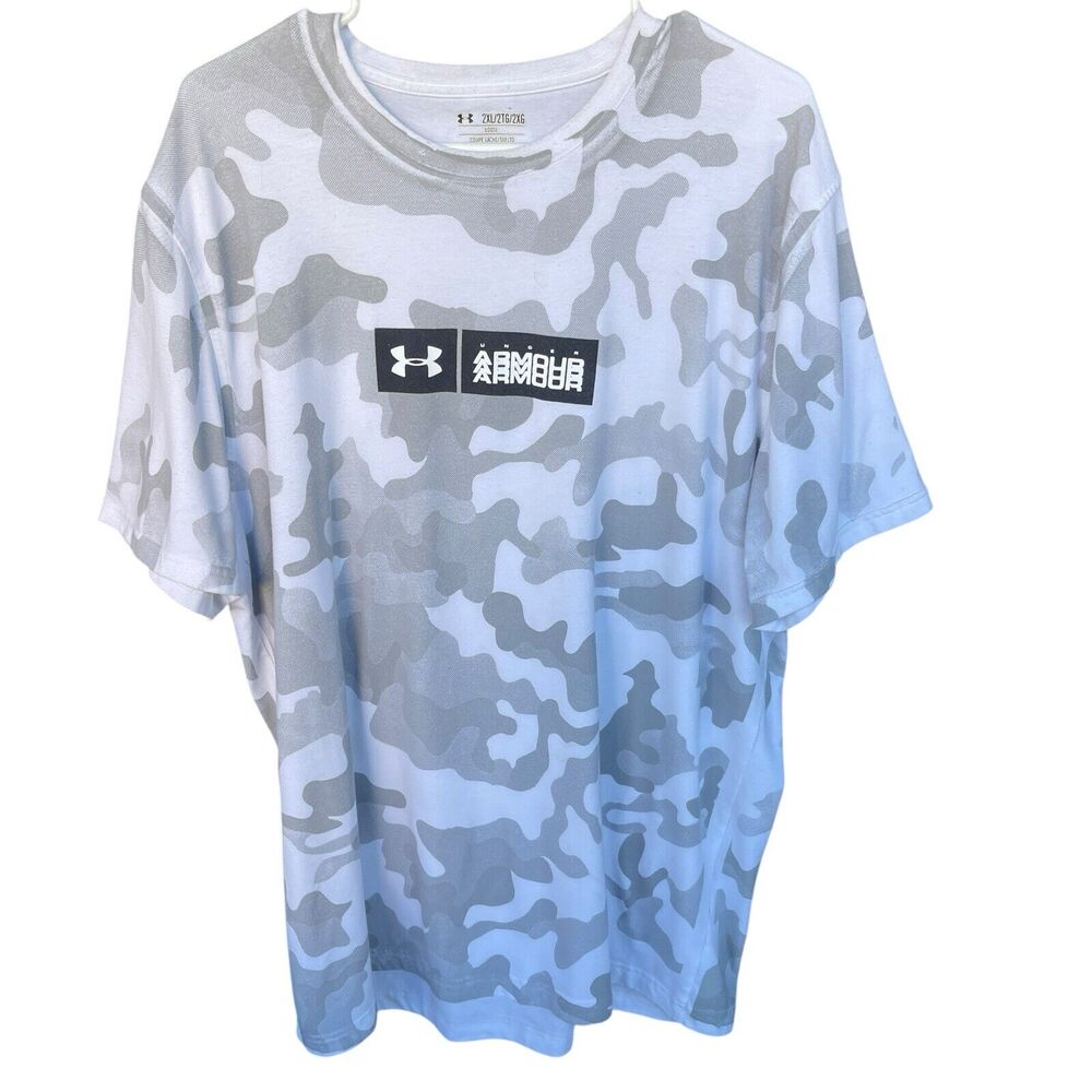 Under‎ Armour Heatgear Camo Shirt Mens 2X Loose White Gray Casual Short Sleeve